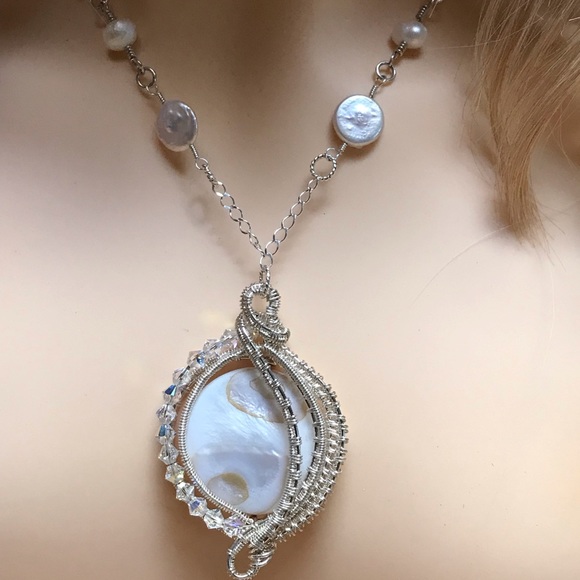 Mother of Pearl Fresh Water Pearls Sterling Silver Necklace- Handcrafted Design - Picture 2 of 10